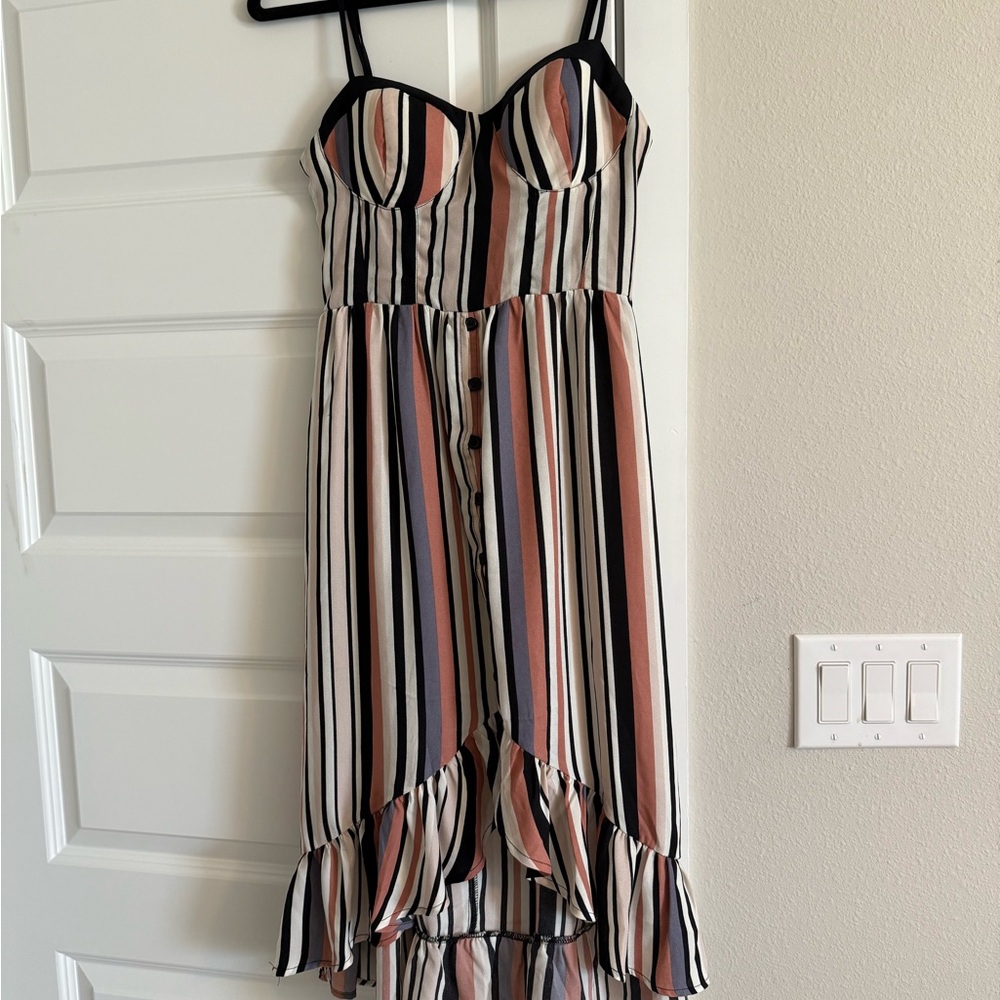 Band of Gypsies Striped High Low Dress - Black, White, Pink